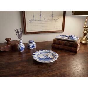 Vintage Hand Painted Delft Blue Windmill Ashtray - Miniature Clogs Holland